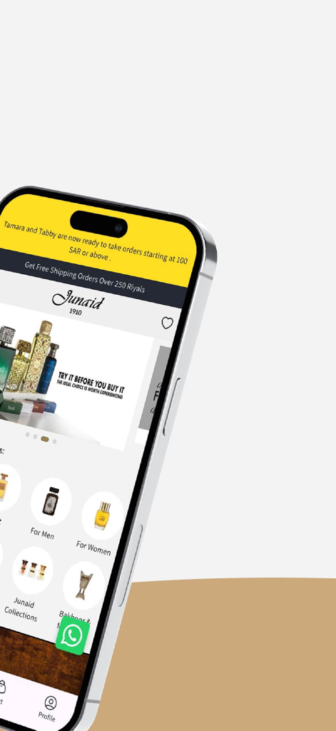 Startbildschirm der Junaid Perfumes Mobile App, die Luxusduftkategorien und ein Banner zum Ausprobieren vor dem Kauf zeigt.