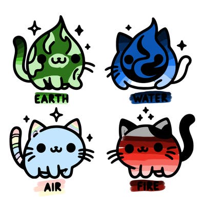 4 cats that represent the different elements, earth, water, air, and fire