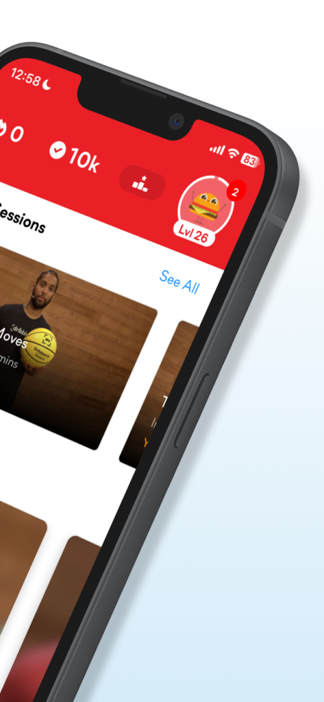 Dribbleup - Sports & Fitness - Panel de la aplicación móvil DribbleUp que muestra sesiones de entrenamiento de baloncesto y el progreso del perfil de usuario