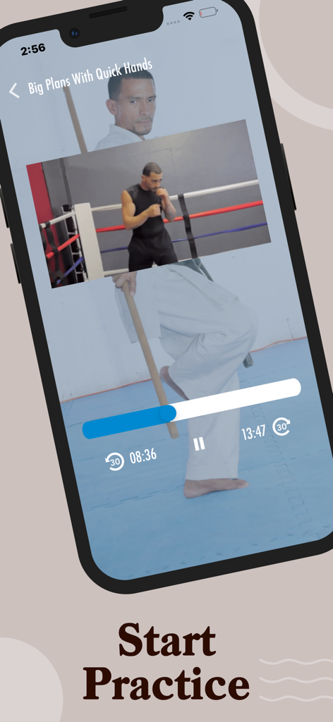 iPhone screen displaying a cardio kickboxing training video with start practice text