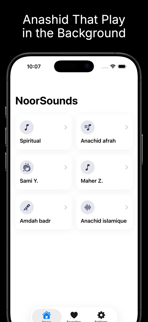 NoorSounds mobile app home screen showcasing Islamic music categories like Spiritual and artists like Maher Zain with a background playback feature.