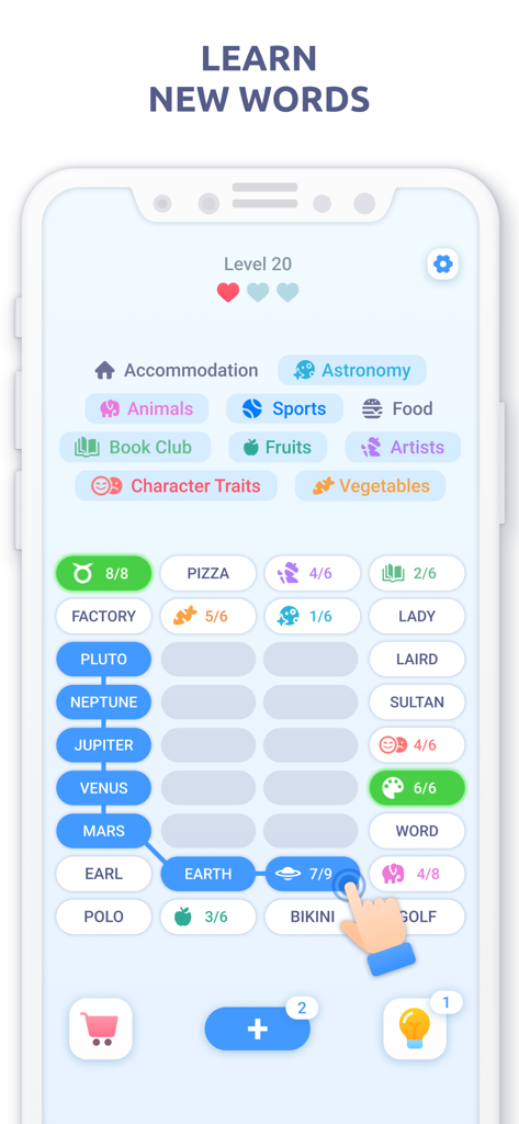 Gameplay of Associations Word Connections showing words like Mars and Earth being categorized under the Astronomy topic
