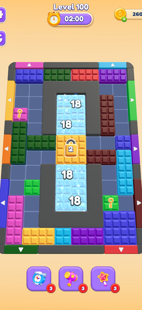 Block Out Master: Color Jam 3D - Level 100 gameplay screen of Block Out Master Color Jam 3D showing colorful blocks and puzzle board items