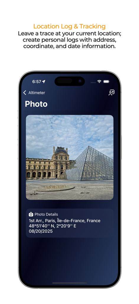 Screenshot of the geo-tagged photo log feature in the Cuspart app showing precise coordinates and location data for a photo.