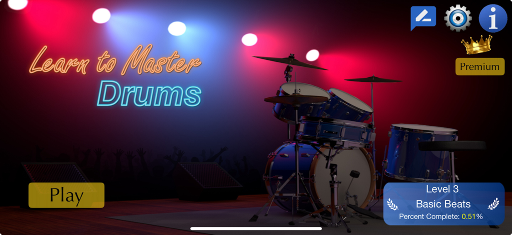 Main menu of the Learn Drums app showing a virtual drum kit on a stage with neon lights