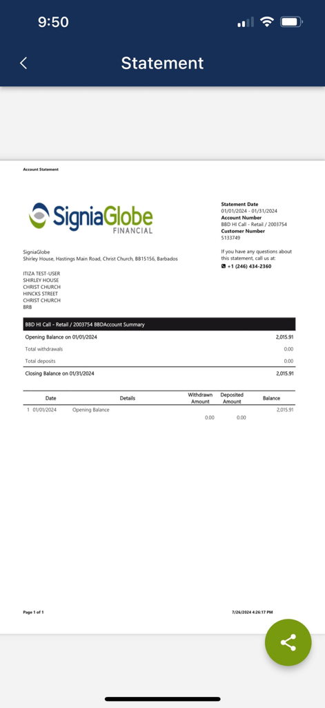 SigniaGlobe Financial Mobile - Digital account statement view within the SigniaGlobe Financial Mobile app