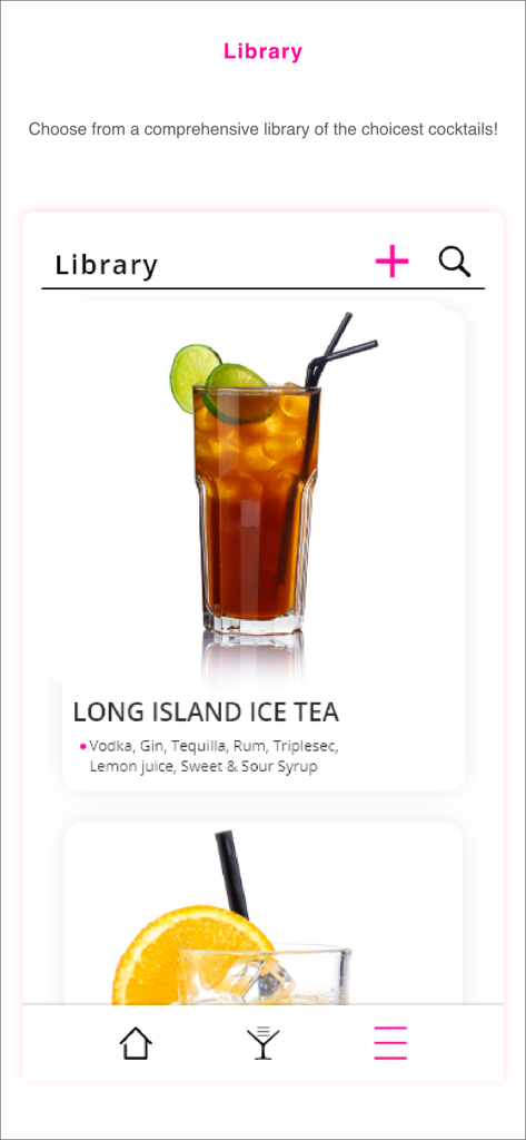 Barsys - Barsys app library screen featuring a Long Island Ice Tea cocktail recipe