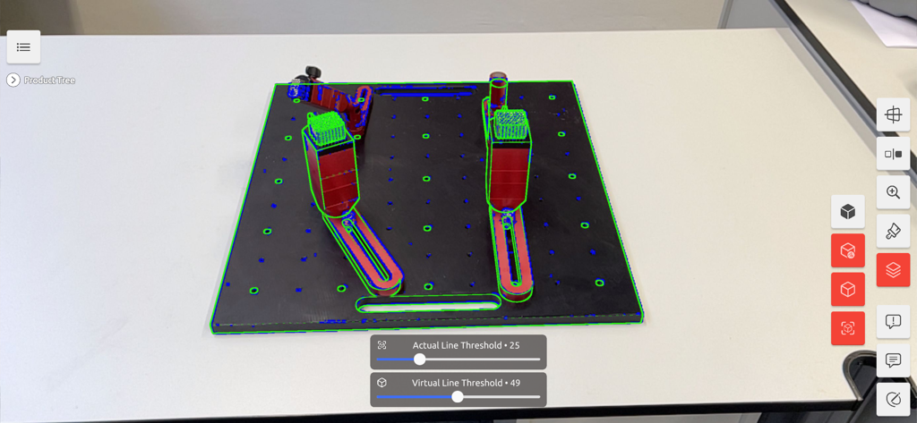 品質管理インスペクションのために、物理的な部品に拡張現実CADモデルオーバーレイが表示されているSuPARアプリ