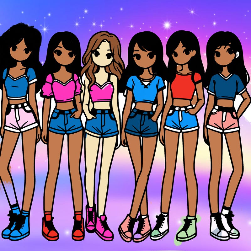 a group of girls wearing crop tops and shorts