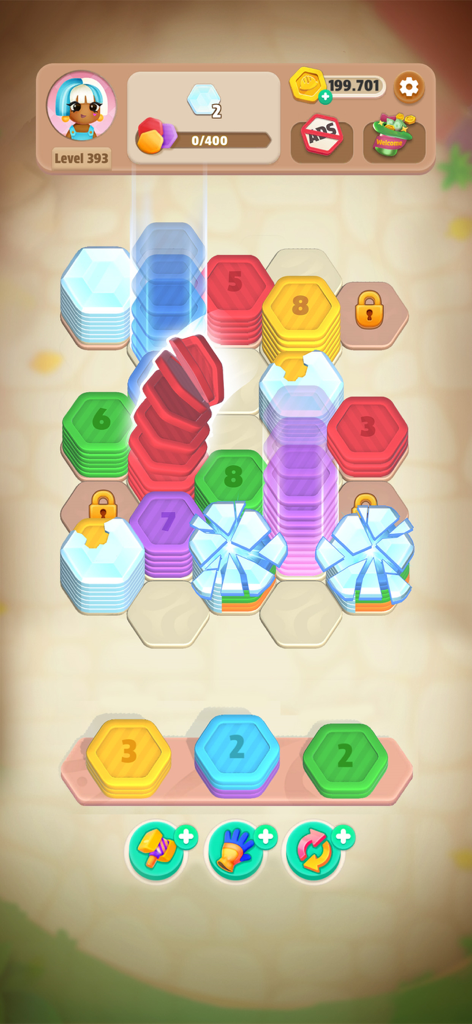 Hexa Stack: Color Sort Puzzle - Gameplay screenshot of Hexa Stack Color Sort Puzzle showing colorful hexagonal tiles and obstacles on a game board