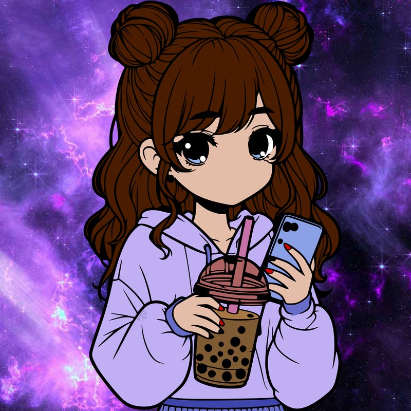 realistic girl with a lphone and boba