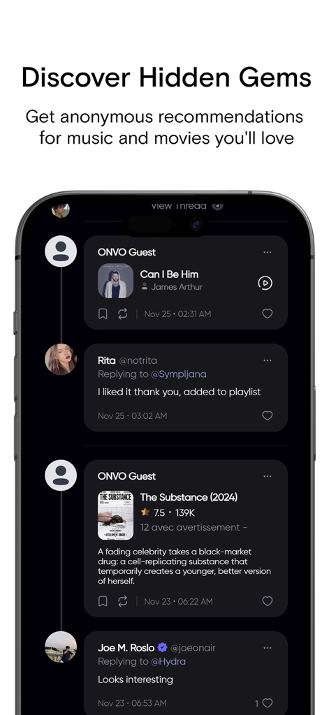 Smartphone interface of the ONVO app showing anonymous music and movie recommendations in a social feed.