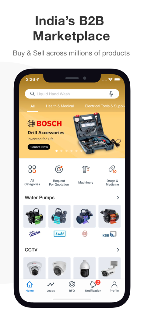 JdMart - B2B Marketplace - Home screen of the JdMart B2B Marketplace app featuring industrial products and wholesale sourcing categories