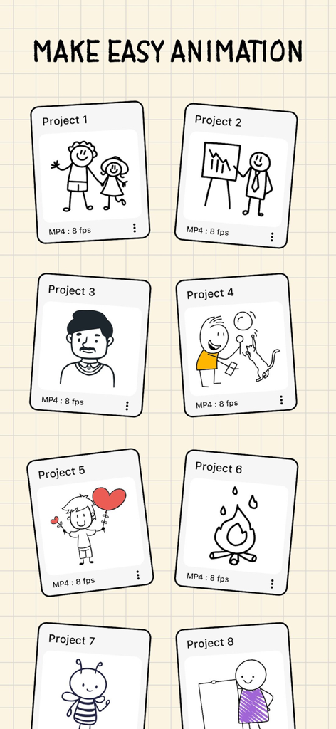 Uma galeria de projetos de animação desenhados à mão na interface do aplicativo Pencil 2D
