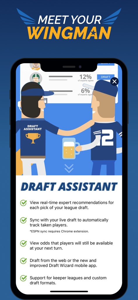 Visão geral do recurso Assistente de Draft no aplicativo Fantasy Baseball Draft Wizard