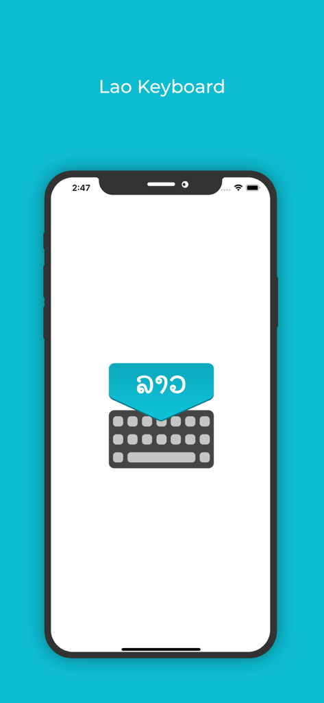 Lao Keyboard: Translator - Pantalla de presentación de la aplicación Lao Keyboard Translator con un ícono de teclado con caracteres lao en un iPhone