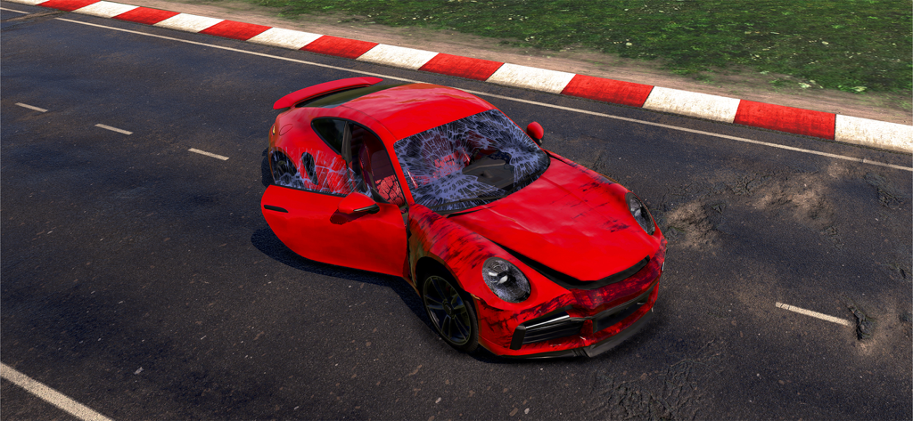 A red sports car with a shattered windshield and body damage on a race track in the WDAMAGE car crash simulator.