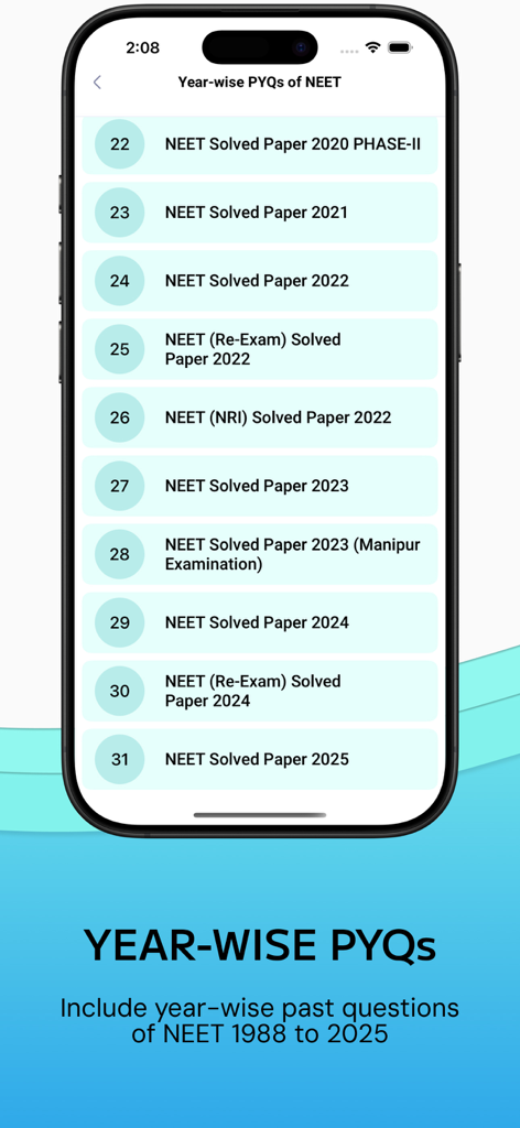NEETPrep: Papers & Mock Tests - Una pantalla de móvil que muestra una lista de exámenes pasados resueltos de NEET categorizados por año de 2020 a 2025.