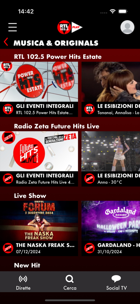 RTL 102.5 PLAY app interface displaying Italian music and original video content