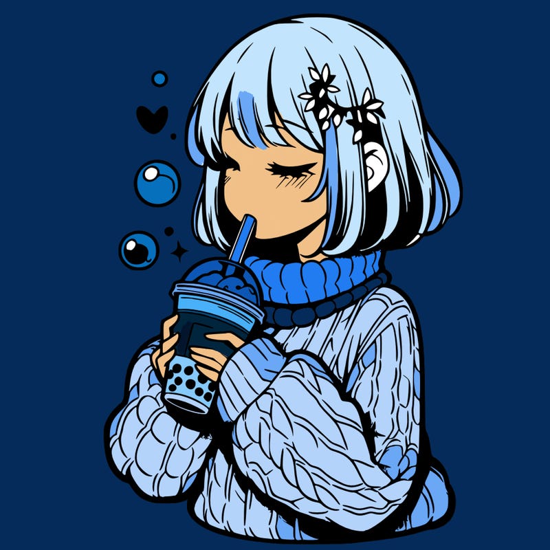 manga girl drinking boba in cozy sweater