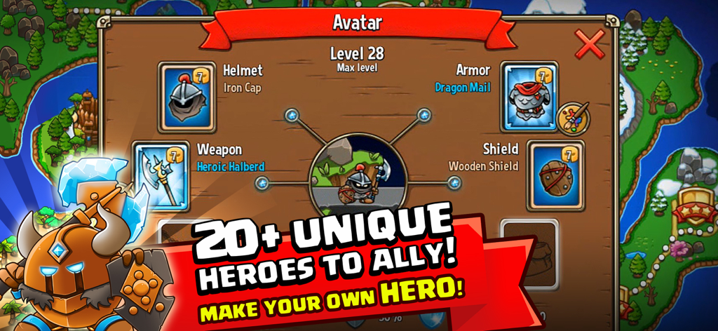 Crazy Kings Tower Defense Game - Hero avatar customization screen in Crazy Kings showing equipment cards for helmet weapon armor and shield