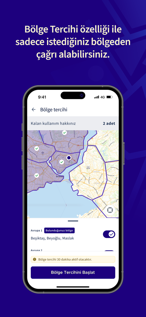 Bitaksi Sürücü Uygulaması - Interfaz de la aplicación BiTaksi Driver que muestra el mapa de selección de preferencia de zona para Estambul