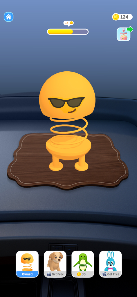 Minilax: Antistress Games - A yellow emoji bobblehead toy with sunglasses on a car dashboard