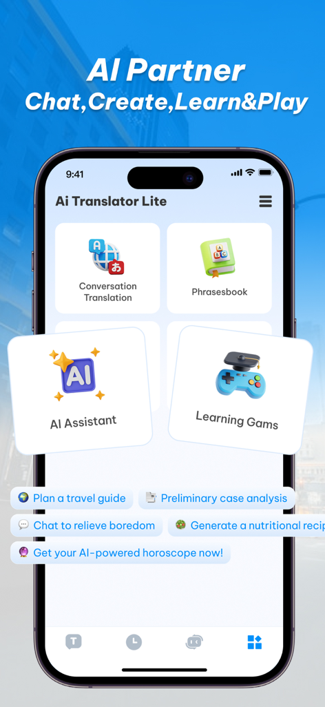 SpeakEasy Translator - Interface of SpeakEasy Translator app highlighting AI features and language learning tools.