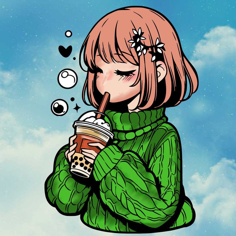 manga girl drinking boba in cozy sweater