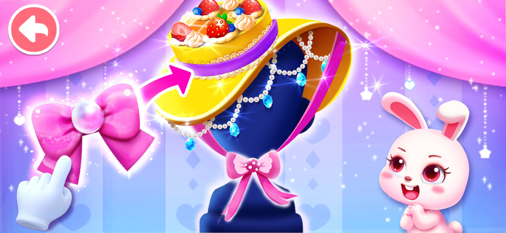 Baby Panda's Fashion Dress Up - Decorating a yellow hat with a pink bow in the Baby Panda's Fashion Dress Up game
