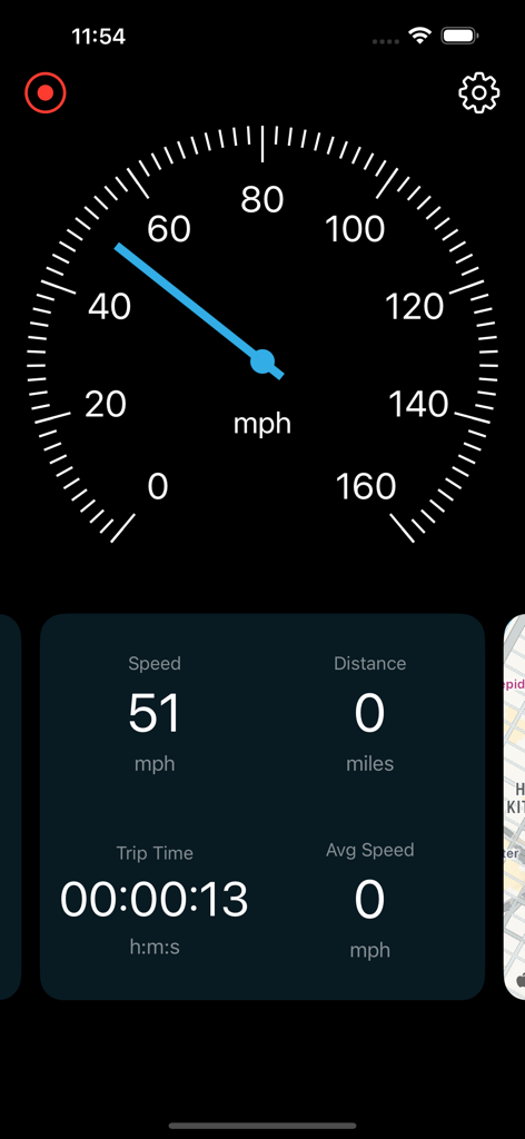 Speedometer Live - Speedometer Live app interface featuring an analog speed gauge and digital trip statistics including speed distance and time