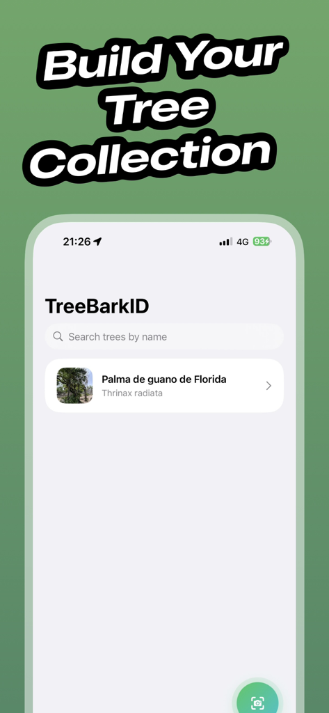 Tree Identifier - TreeBarkId - TreeBarkId mobile app interface showing a personal collection of identified trees including a Florida Thatch Palm