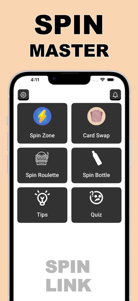 Spin Link Coin Spins- SpinLink - Main menu of the Spin Link app showing features like Spin Zone Card Swap and Spin Roulette