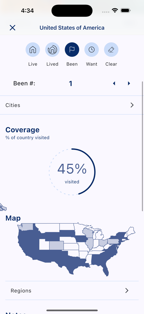 Visited: Travel Tracker & Map - A travel tracking app interface showing a map of the United States with 45 percent of states visited.