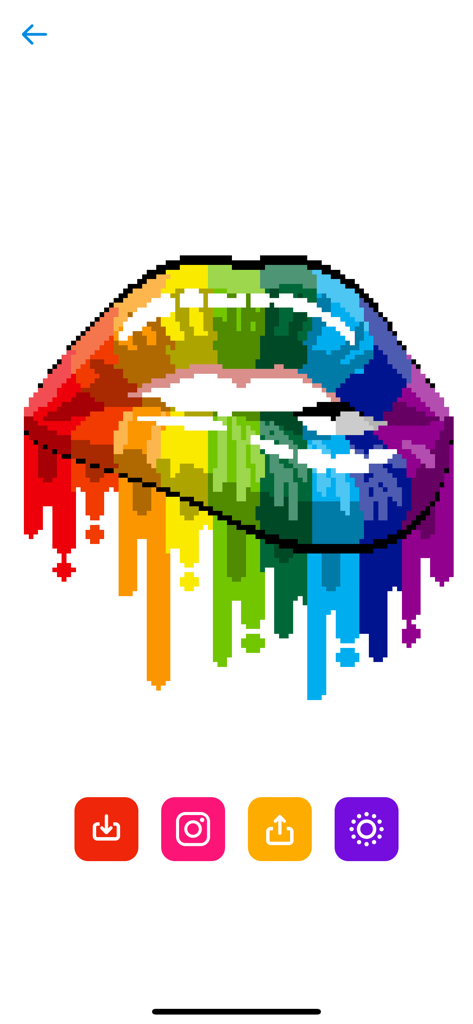 A completed pixel art piece featuring rainbow-colored dripping lips within the Sandbox app interface.