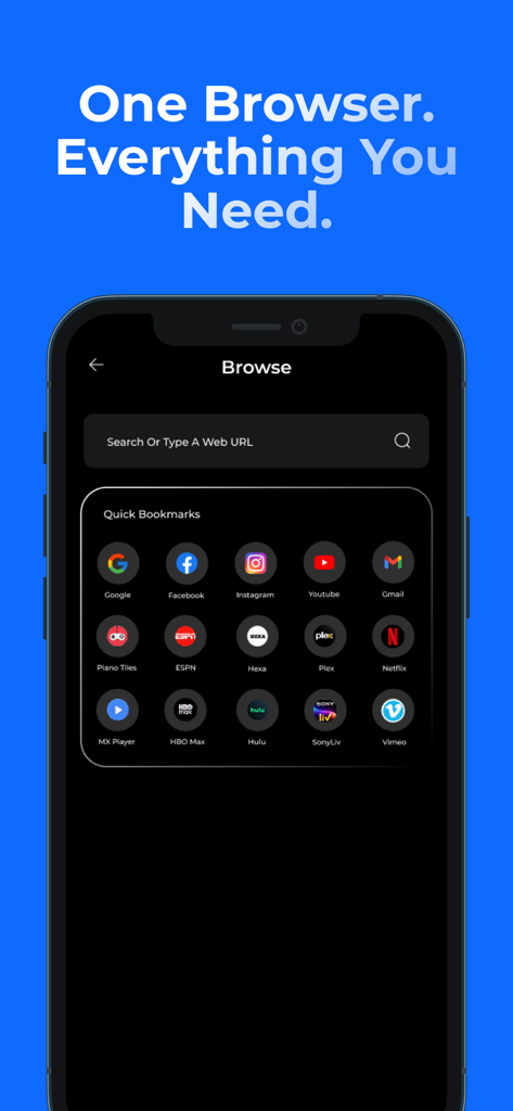 Seeker: Private Web Search - Interfaz de la pantalla de inicio del navegador Seeker que muestra una barra de búsqueda y una cuadrícula de marcadores rápidos para servicios web y juegos populares.