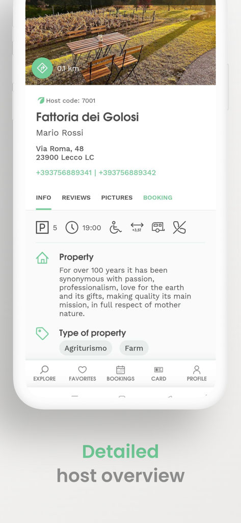Agricamper Italia - Profilo dettagliato di un host agricolo italiano nell'app mobile Agricamper Italia