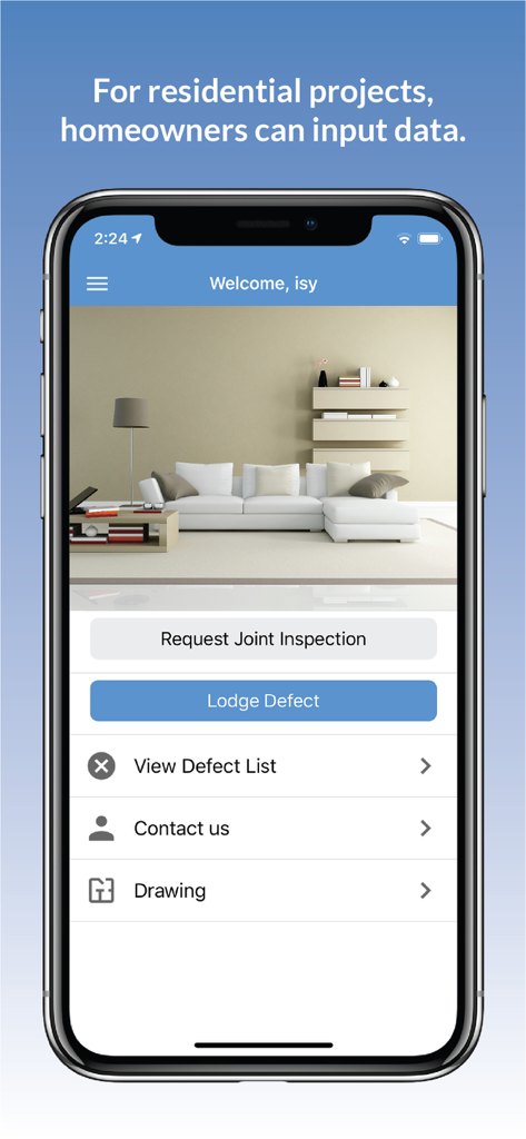Novade Enterprise - Novade Enterprise mobile app interface for residential homeowners to lodge defects and request joint inspections