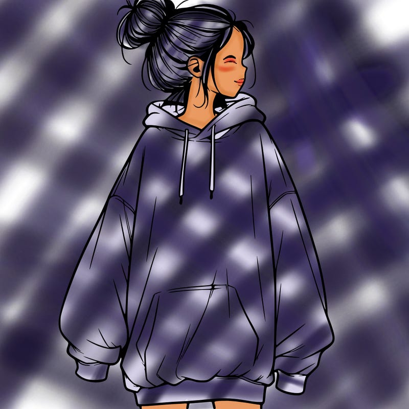 realistic girl with a oversized sweatshirt on and a bun