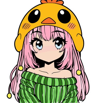anime girl with chick shaped hat with sweater with bare shoulders with bangs covering them one eye with low tail