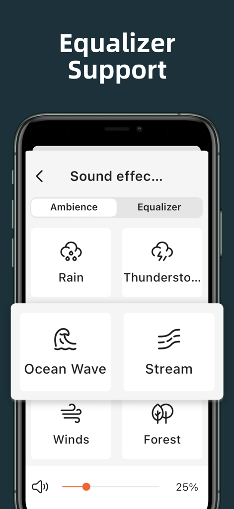 Interface do aplicativo Sintonizador de Rádio FM mostrando opções de sons ambientes da natureza como chuva e ondas do mar