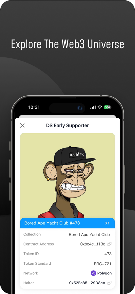 Digital Shield: Crypto Wallet - Aplicación Digital Shield que muestra un NFT de Bored Ape Yacht Club con detalles técnicos en la red Polygon
