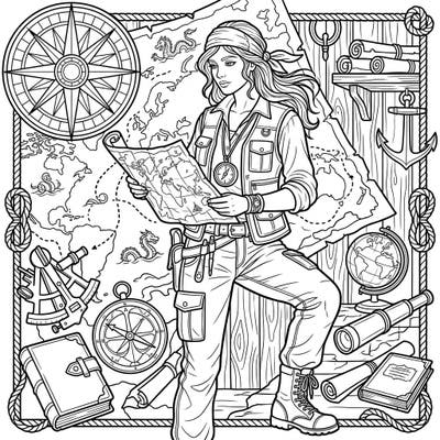 Dive into a world of discovery with this captivating coloring page, showcasing a female explorer ready to chart new territories. Surrounded by intricate maps and navigational tools, this design invites you to bring an epic adventure to life with your colors.