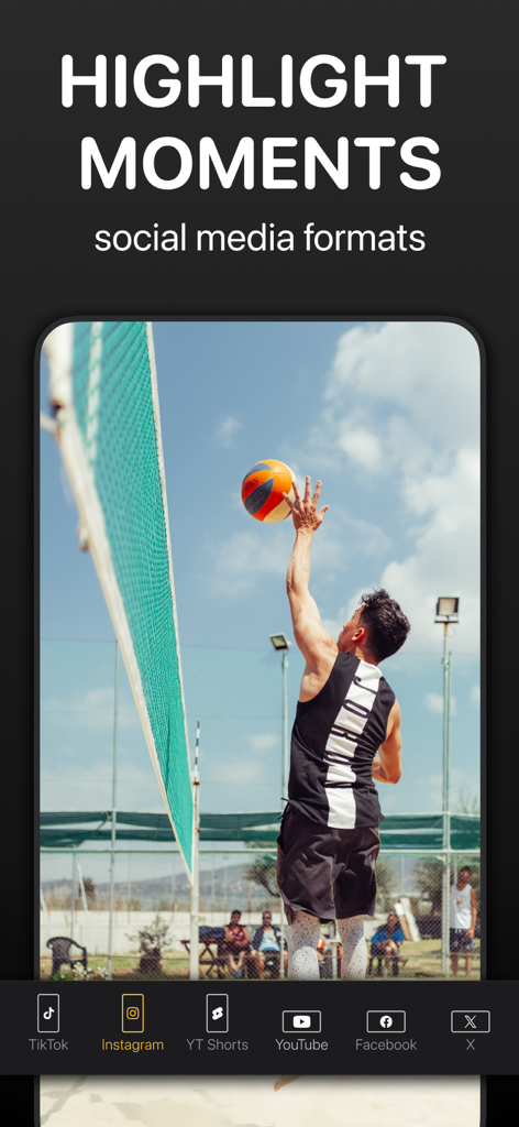 Volleyball player spiking a ball with export options for social media platforms like TikTok and Instagram