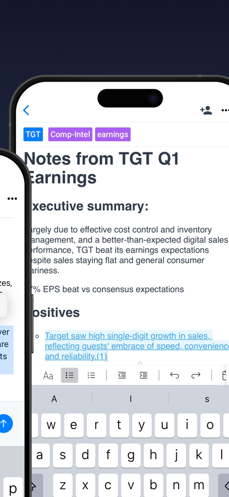 AlphaSense - AlphaSense mobile app interface displaying corporate earnings research and notes summary