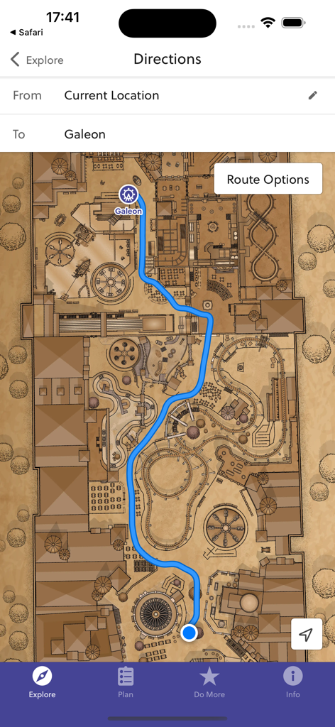 Mandoria - Mandoria mobile app interface showing a detailed indoor amusement park map with a blue navigation path to the Galeon attraction.