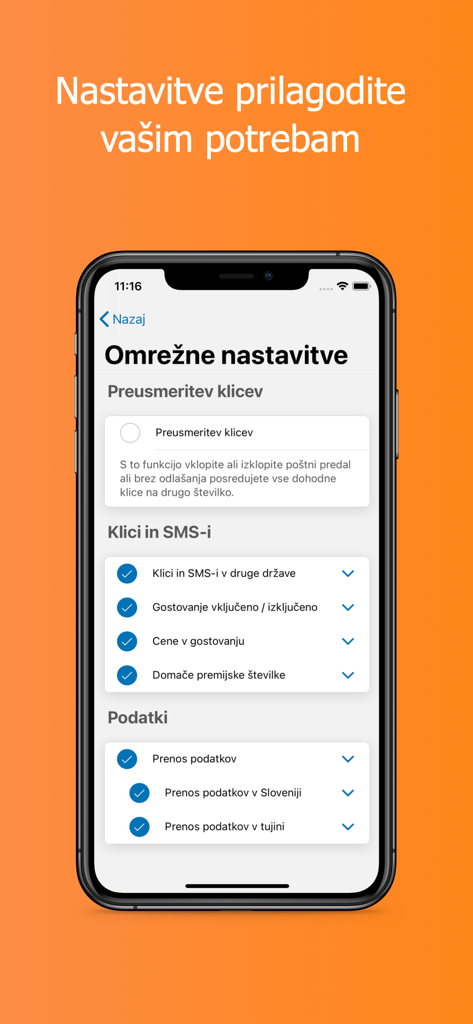 Moj HoT - Screenshot of the Moj HoT app network settings screen showing call forwarding and data usage options in Slovenian.