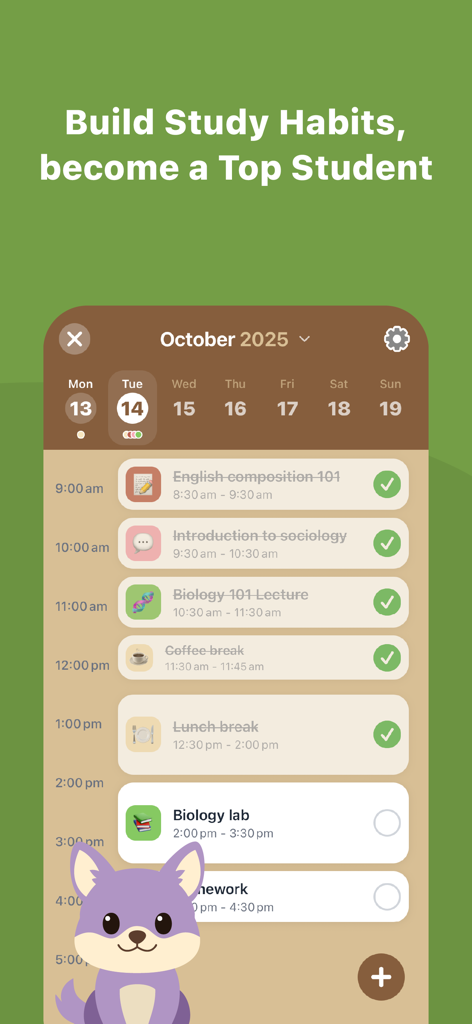Daily study planner schedule in the StudyPet app featuring a cute purple fox character