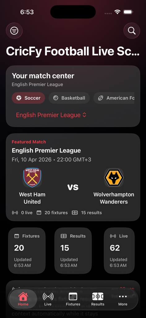 Live Soccer Scores 808 - The home screen of the Live Soccer Scores 808 app showing a featured match center with soccer fixtures and live scores.