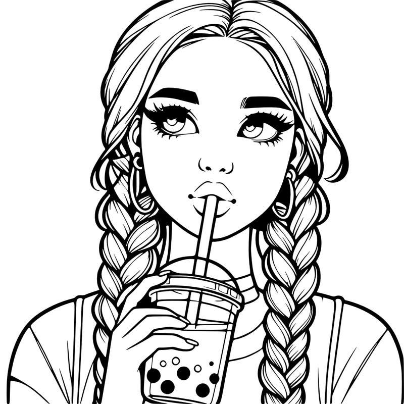 realistic girl with braided hair drinking boba